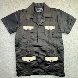 Saxifon Kids 8 Black Satin Guayabera Shirt Short Sleeve Embroidered Ostrich Trim